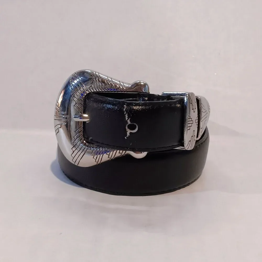 Vintage Ann Taylor Western Leather Belt-Medium-Silver Buckle-End Tip-Black